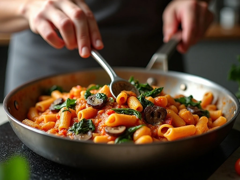 Cooking mushrooms, spinach, tomato sauce, and rigatoni in a skillet