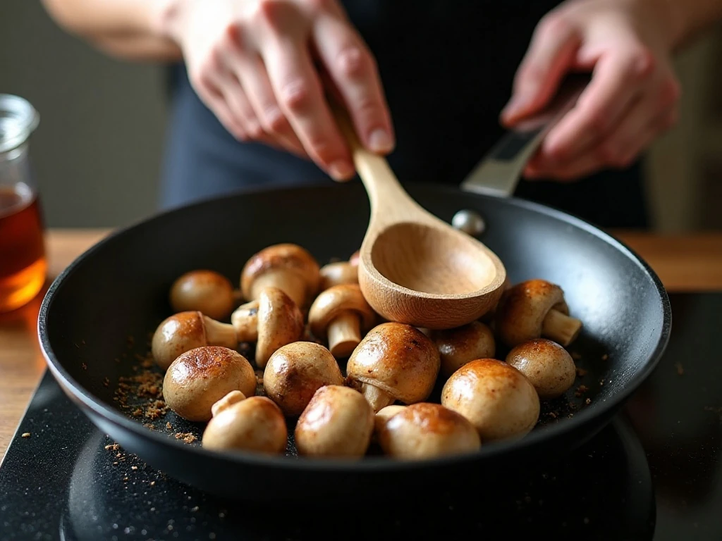 Browned mushrooms cooking in a skillet for cheesy rigatoni