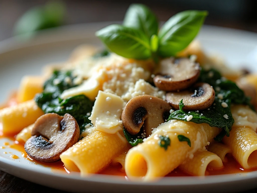 Close-up serving of cheesy rigatoni with mushrooms, spinach, and fresh basil