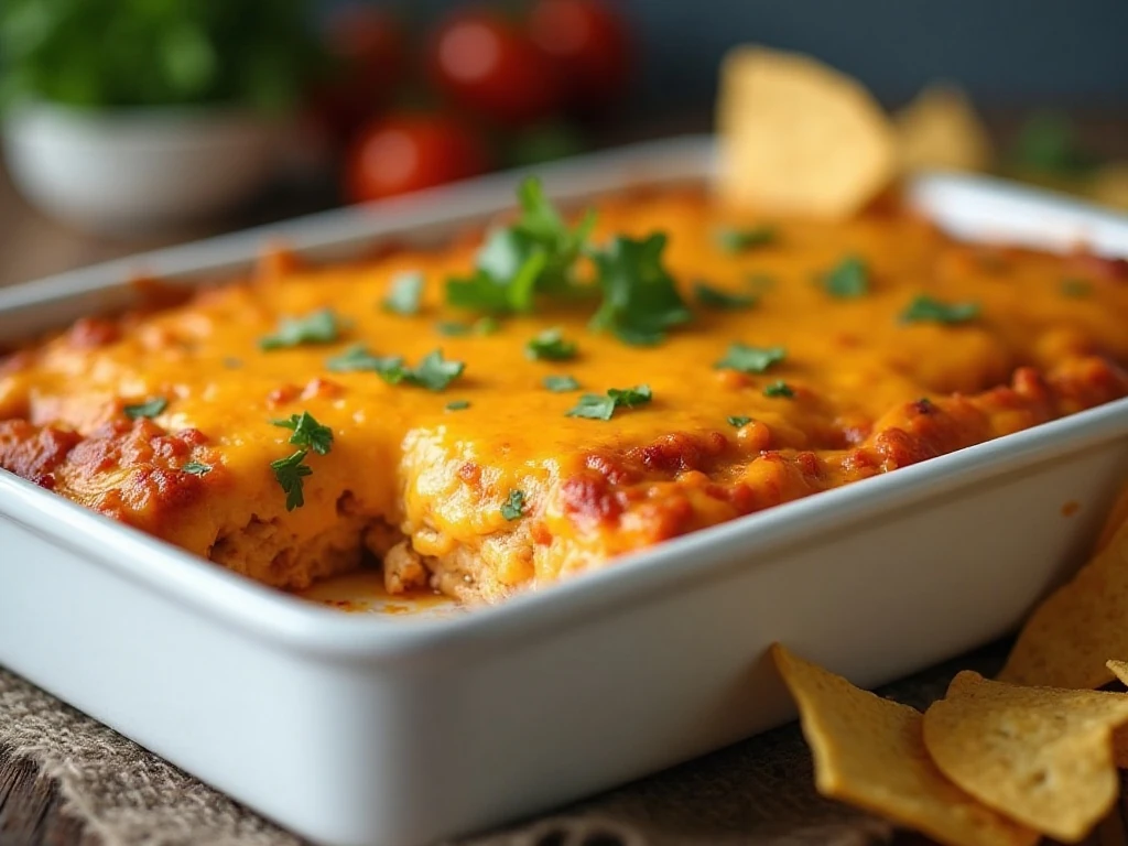 Cheesy salsa chicken casserole served hot with tortilla chips
