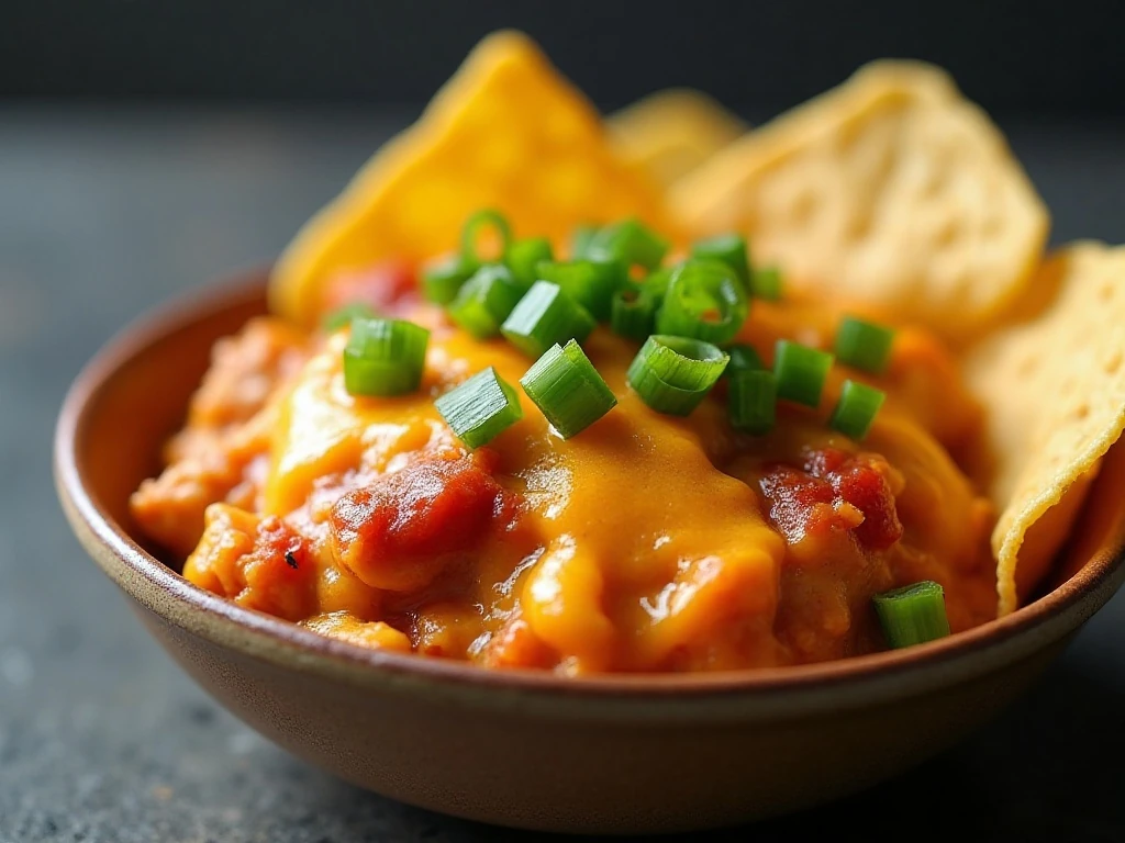 Reheated cheesy salsa chicken casserole with fresh tortilla chips