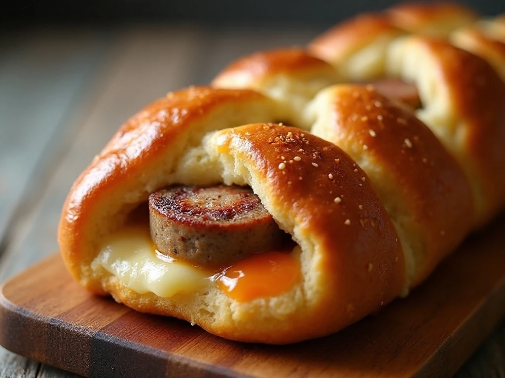 Cheesy sausage pull-apart bread served hot on a wooden board