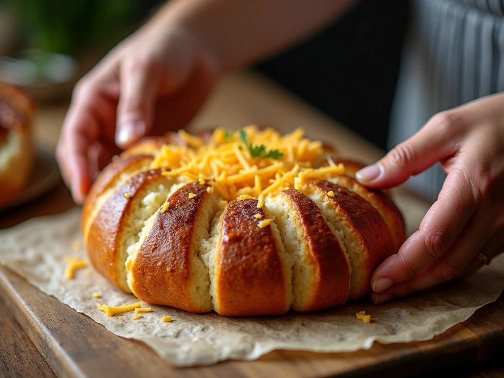 Filling crosshatched bread with sausage and shredded cheese