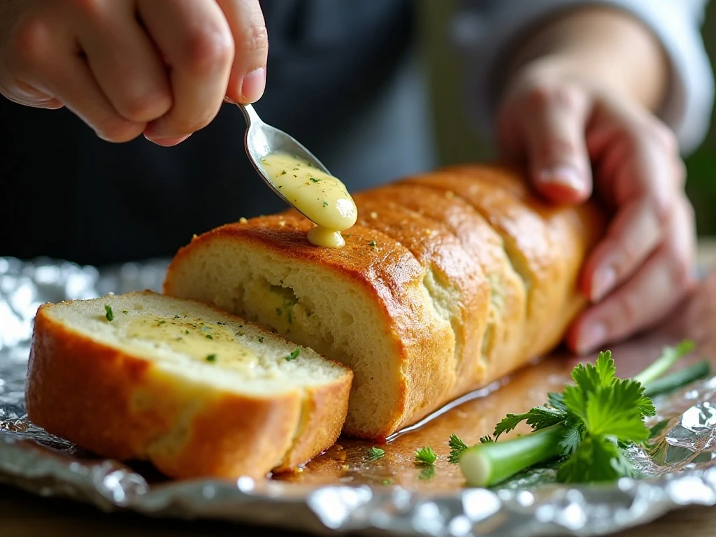 Adding seasoned garlic butter to stuffed pull-apart bread