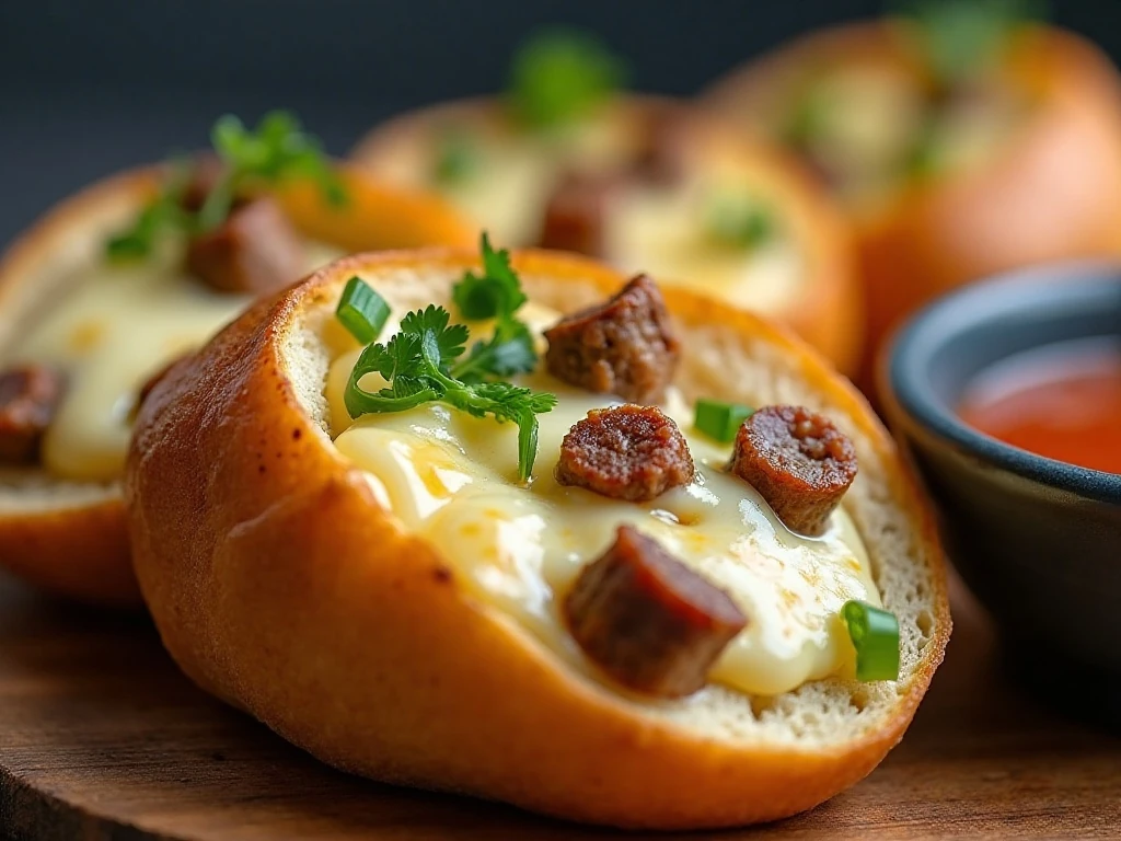 Close-up of melted cheese and sausage inside pull-apart bread