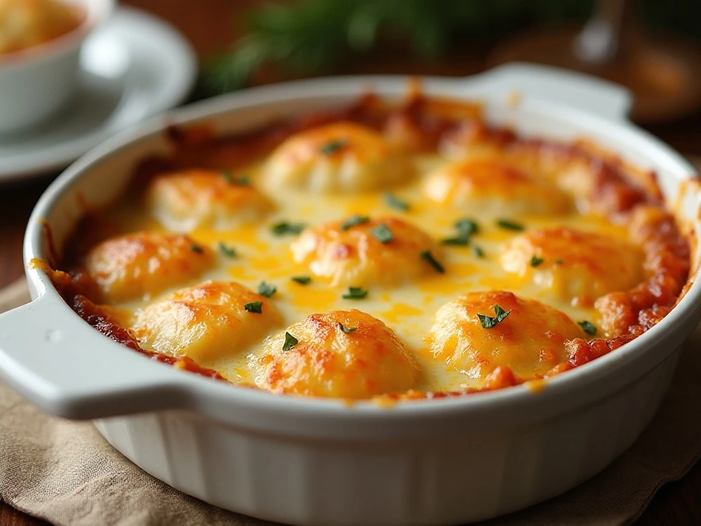 Golden cheesy scalloped potatoes in a baking dish