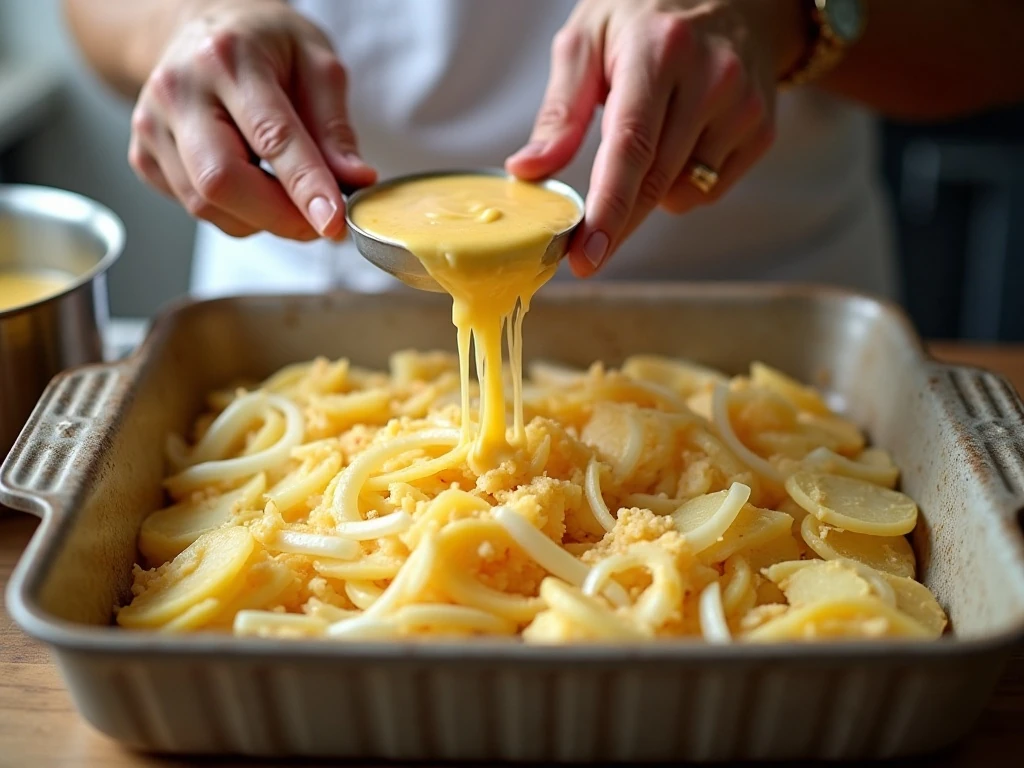 Layering potatoes, onion, and creamy sauce in a baking dish