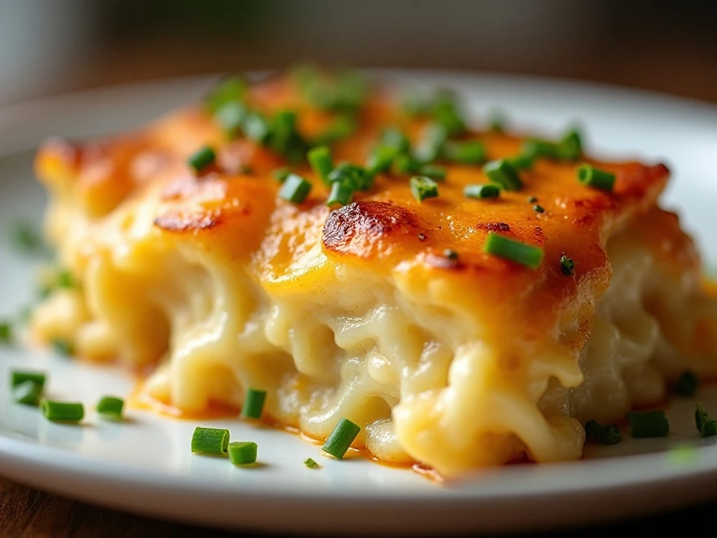 Reheated cheesy scalloped potatoes topped with fresh chives