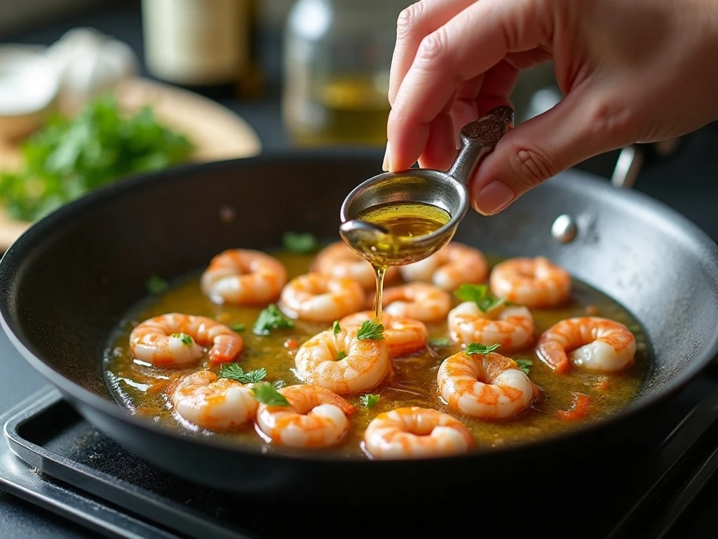Chopped shrimp and garlic cooking in butter and olive oil for scampi dip