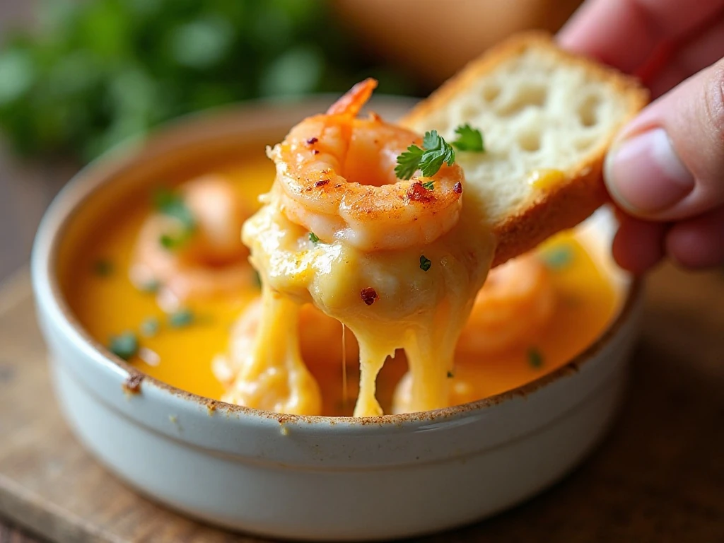 Close-up of creamy cheesy shrimp scampi dip with chopped shrimp and parsley