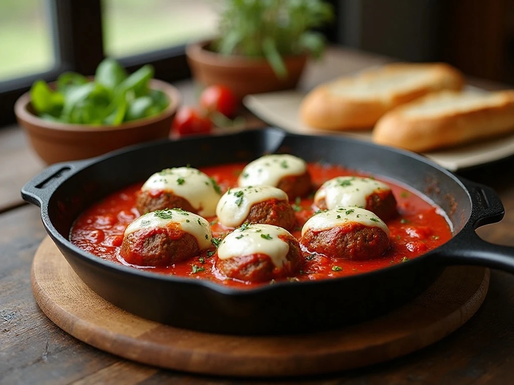 Cheesy skillet meatballs served with marinara and crusty bread