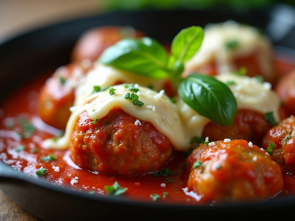 Bubbling cheesy meatballs garnished with fresh herbs