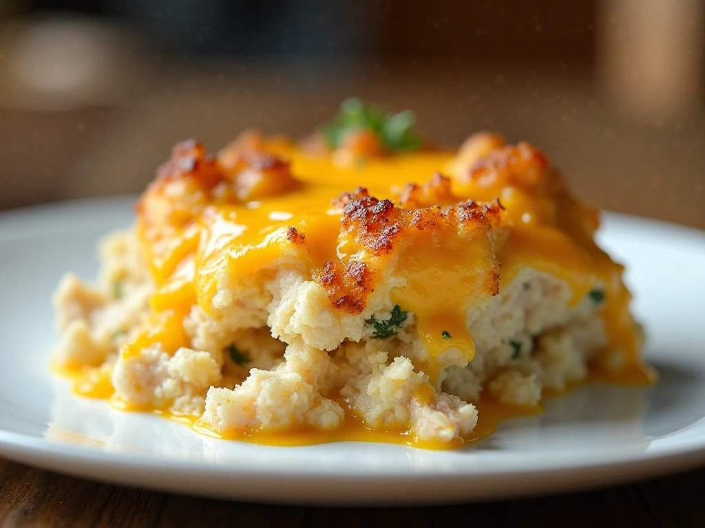 A serving of creamy cheesy stuffing casserole with chicken and golden cheddar