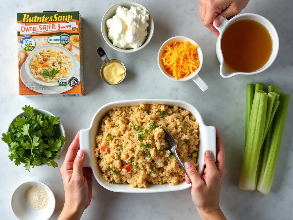 Ingredients for easy cheesy stuffing casserole arranged for cooking