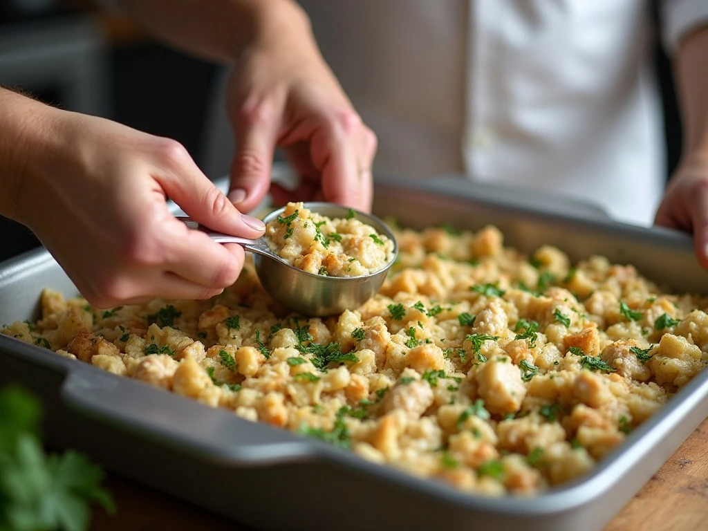 Preparing the chicken and stuffing mixture for a cheesy casserole