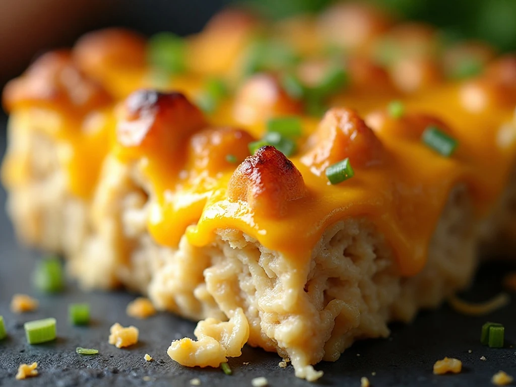 Close-up of fluffy stuffing and melted cheddar in the casserole