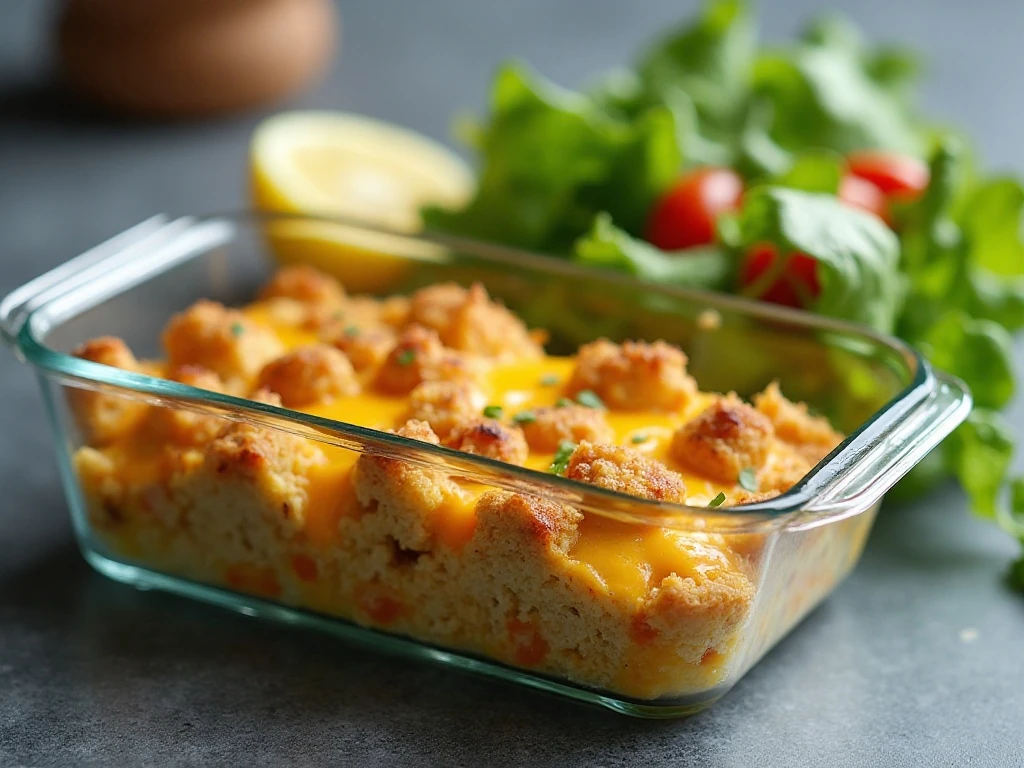 Cheesy stuffing casserole portion ready for storage or serving