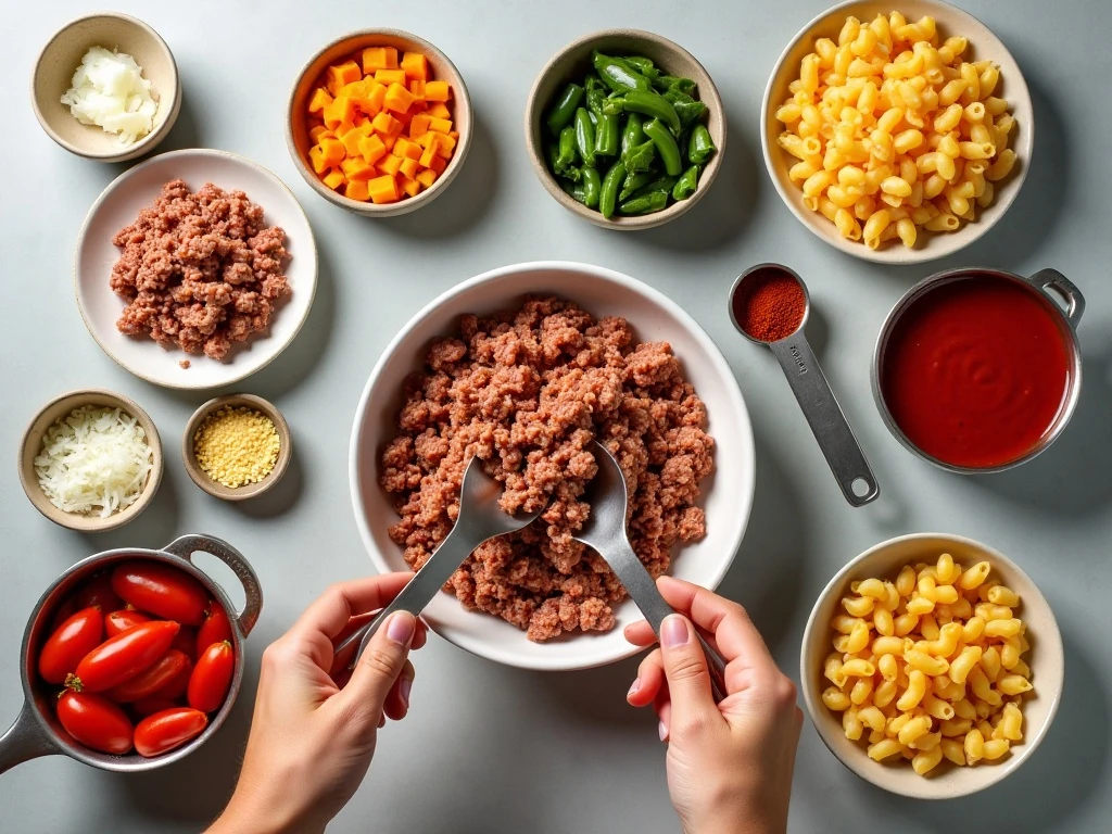 Ingredients for cheesy taco pasta casserole arranged on a counter