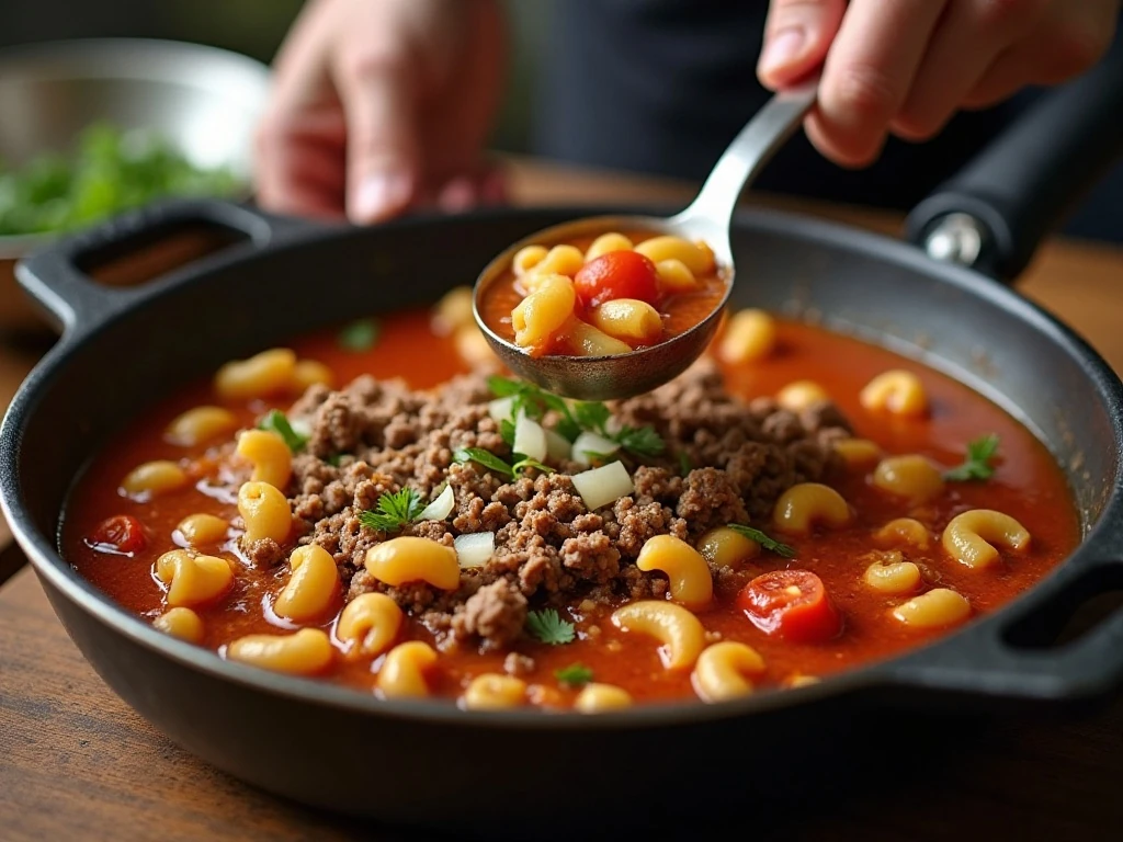 Taco-seasoned beef sauce and pasta being prepared for casserole