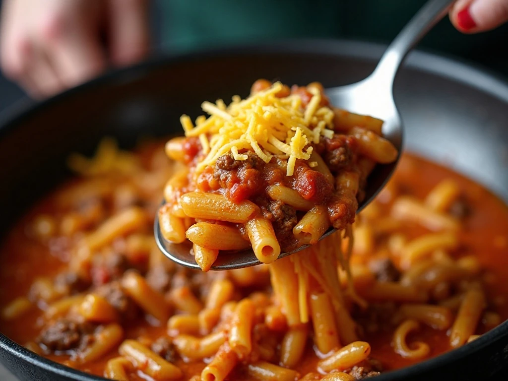 Short pasta being mixed with taco beef sauce and cheddar
