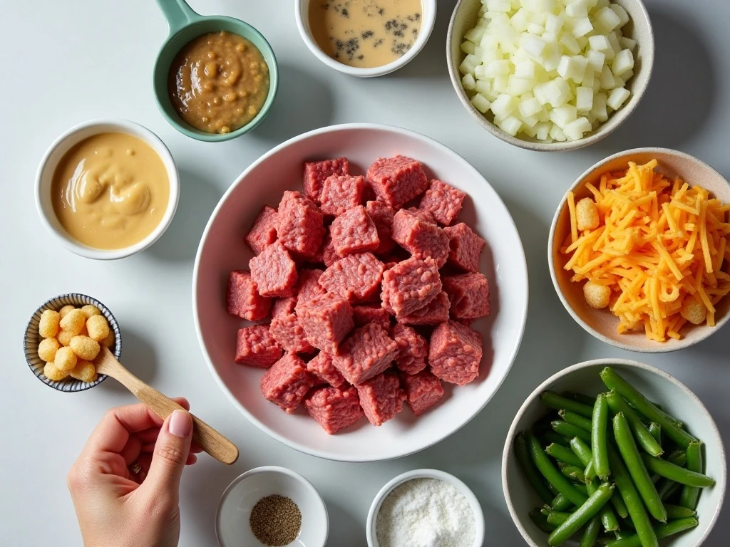 Ingredients for easy cheesy tater tot casserole