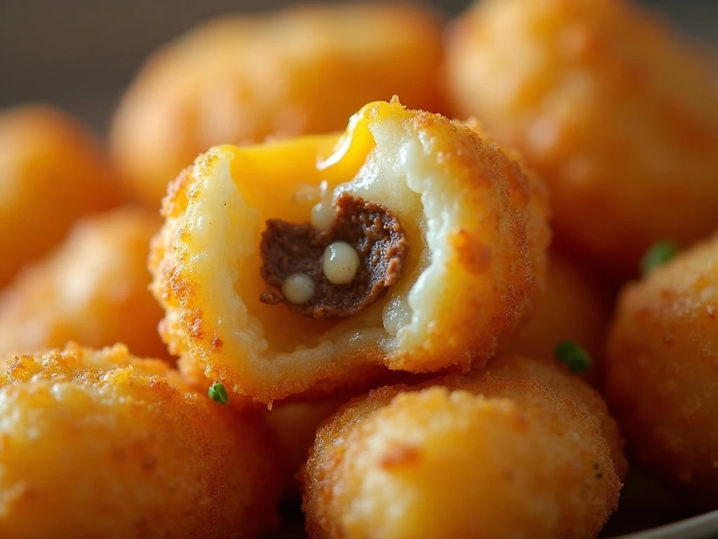 Crisp tater tots and melted cheddar on casserole