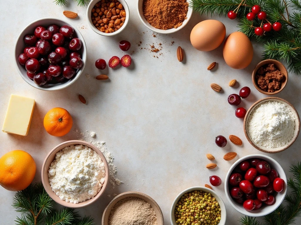 Ingredients for a festive cherry and pistachio Christmas cake