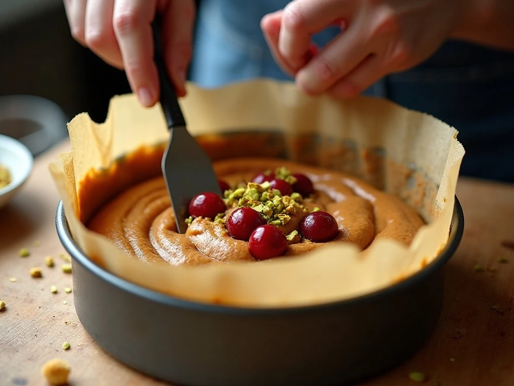 Fruit cake batter being spread in a lined round tin