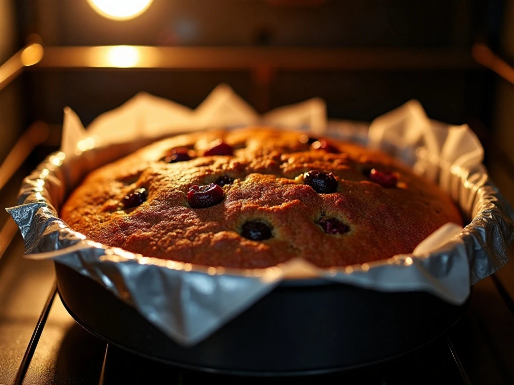 Christmas fruit cake baking slowly in a deep tin