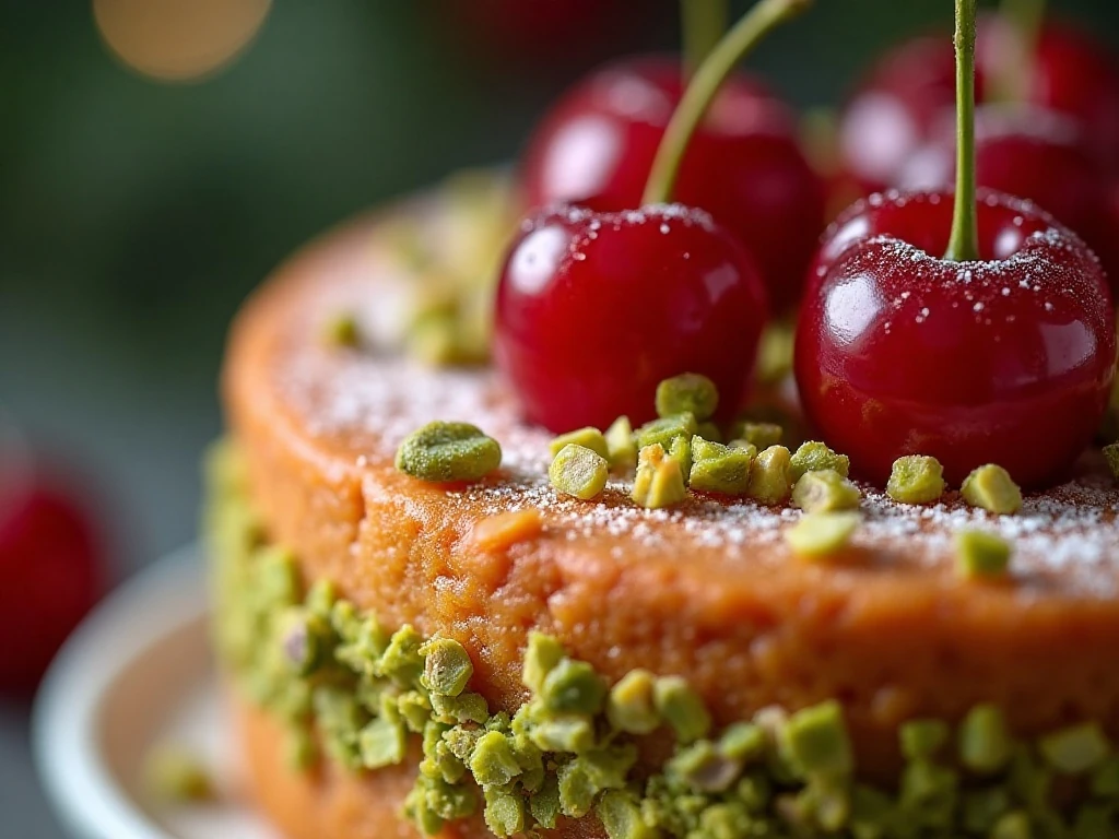 Glacé cherries and pistachios decorating a Christmas cake