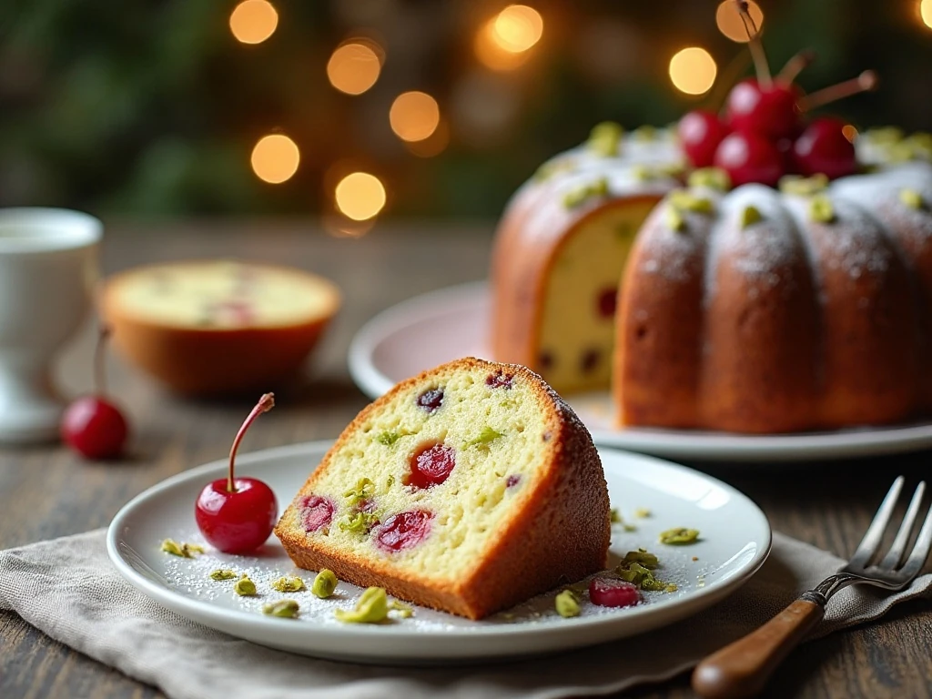 Sliced festive cherry and pistachio Christmas cake ready to serve