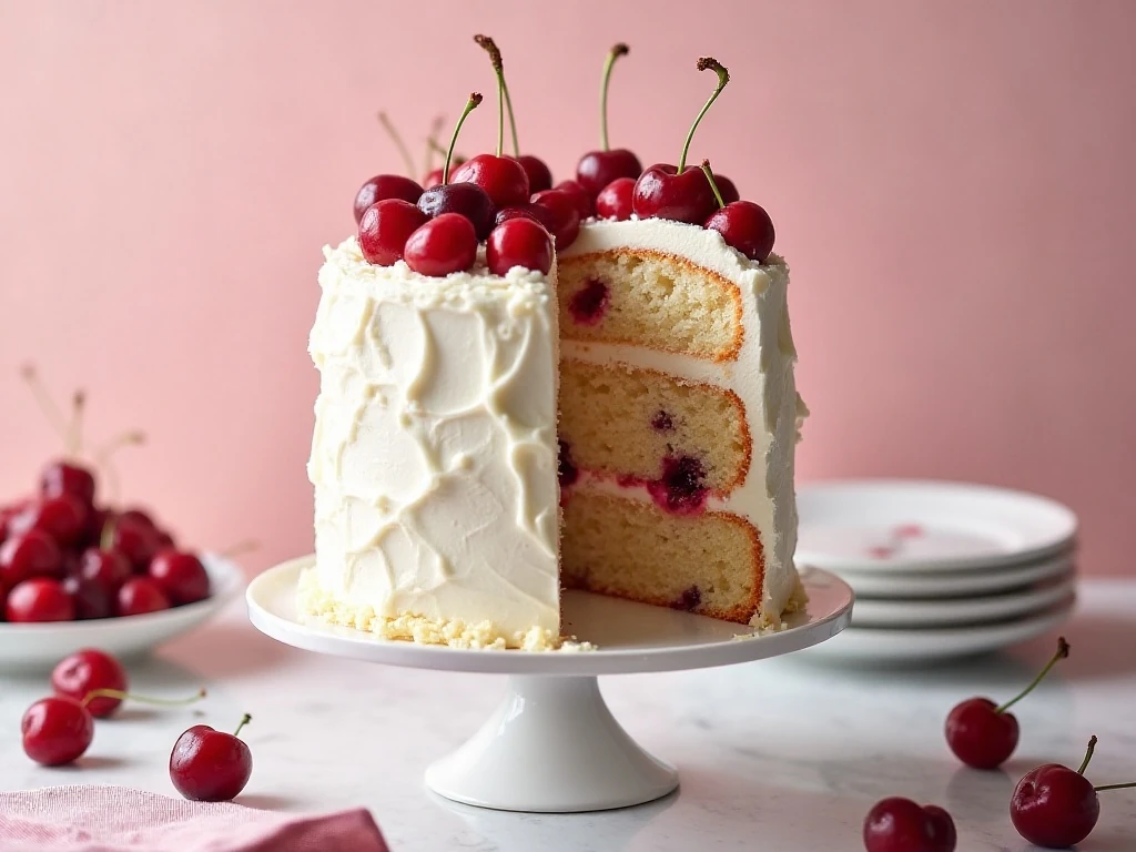 Cherry angel food cake with a light fluffy crumb and ruby-red cherry pieces