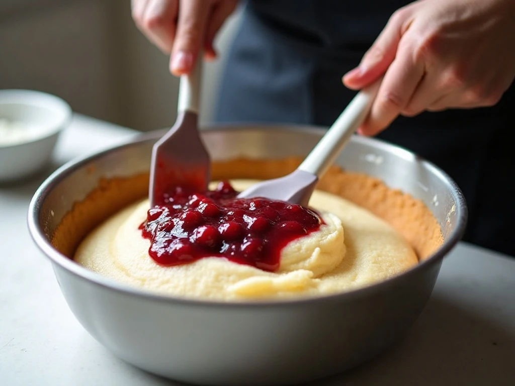Gently folding cherry pie filling into angel food cake batter