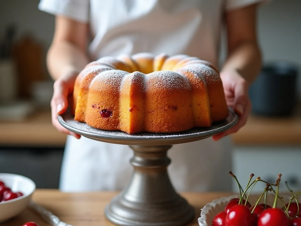 Cherry angel food cake cooling upside down in its tube pan