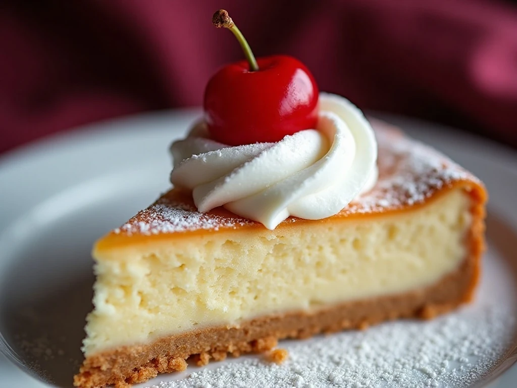 Cherry angel food cake slice with whipped cream and fresh cherry garnish