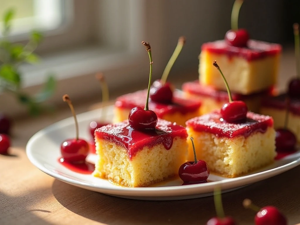 Platter of easy cherry cake squares with vanilla glaze