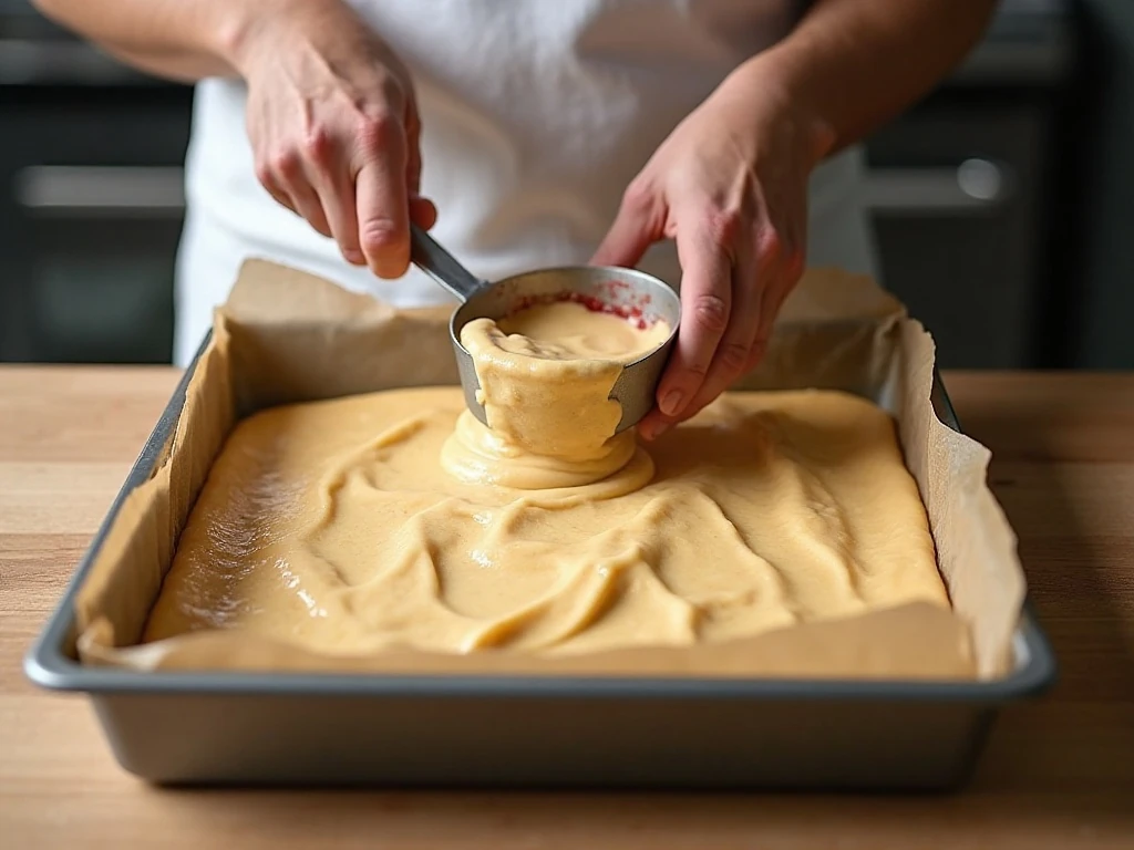Spreading cake batter in a baking pan for cherry squares