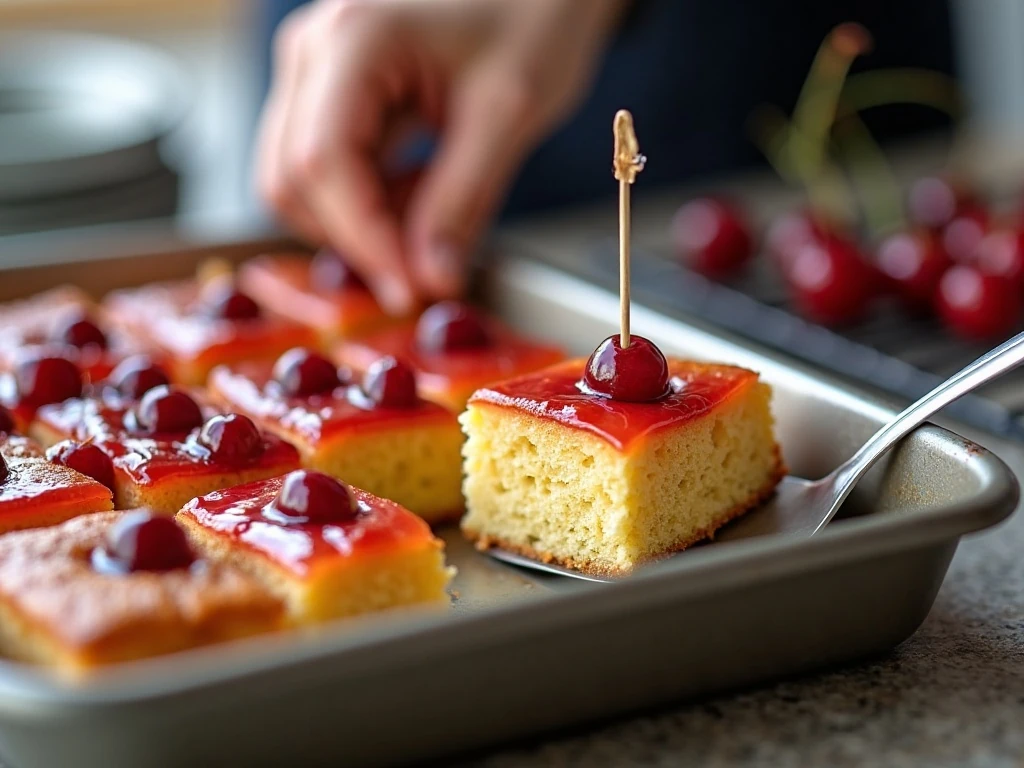 Testing cherry cake squares for doneness