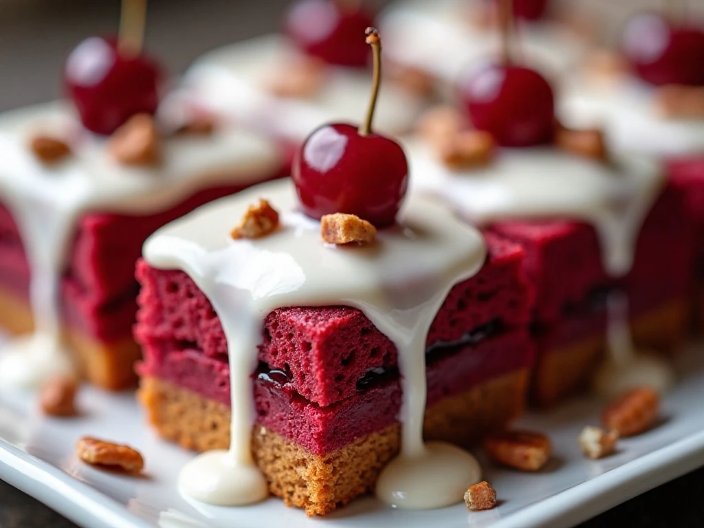 Vanilla glaze and cherry topping on cake squares