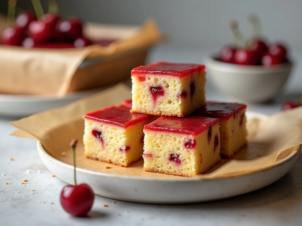 Stored cherry cake squares ready for serving