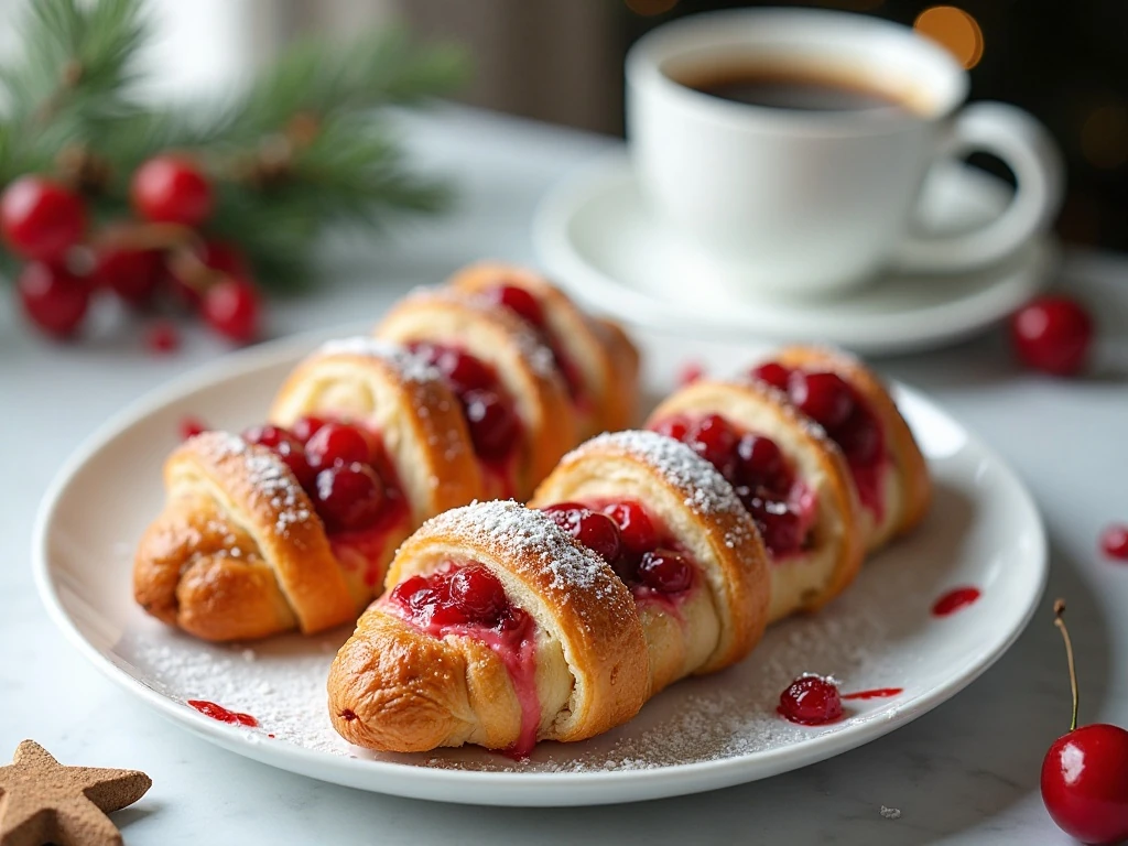 Cherry candy cane breakfast Danish served on a festive holiday table
