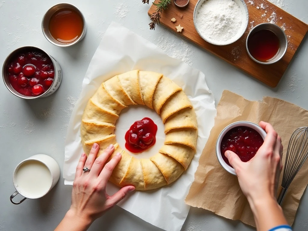 Ingredients for an easy cherry candy cane breakfast Danish