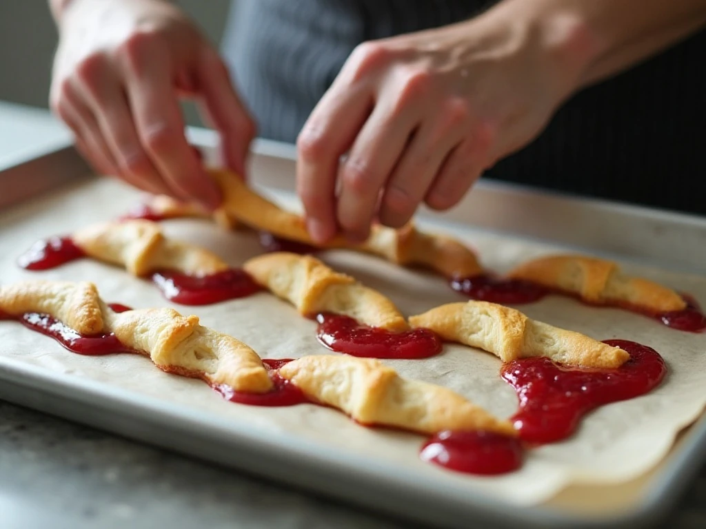 Shaping crescent dough and cherry filling into a candy cane Danish