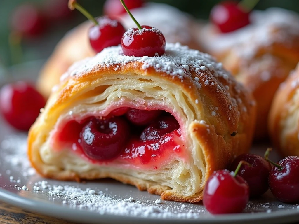 Sliced cherry candy cane Danish with flaky layers and glaze