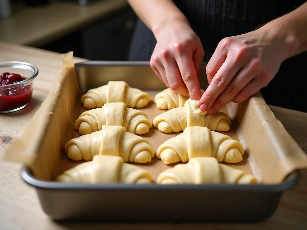 Spreading cheesecake filling over crescent-roll dough in a baking pan