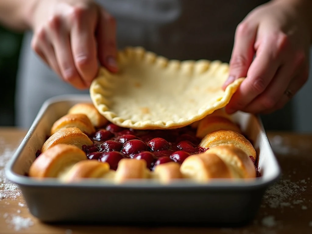 Top crescent dough placed gently over cherry filling