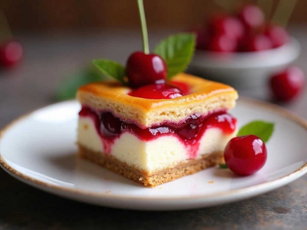 Close-up cherry cheesecake bar with visible creamy and cherry layers