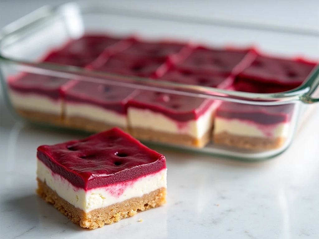 Chilled cherry cheesecake bars stored for serving