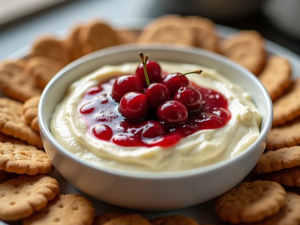 Creamy cherry cheesecake dip served with graham crackers and vanilla wafers
