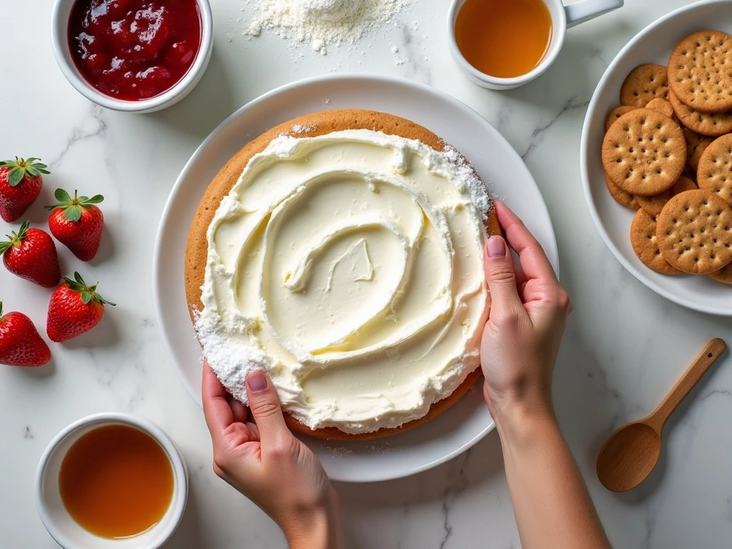 Ingredients for easy cherry cheesecake dip arranged for preparation